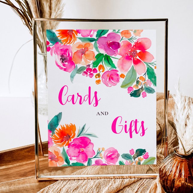 Poster Signe de douche de mariée à script floral rose vif (Bright pink floral script bridal shower sign)