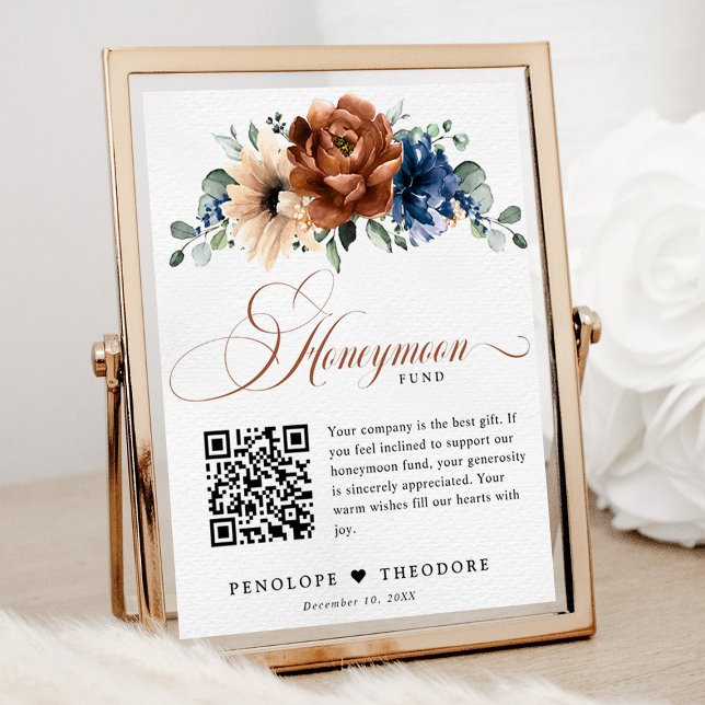 Poster SIGNE DE FONDS DE LUNE DE MIEL Mariage bleu de la  (Honeymoon fund QR code sign with terracotta and navy flowers)