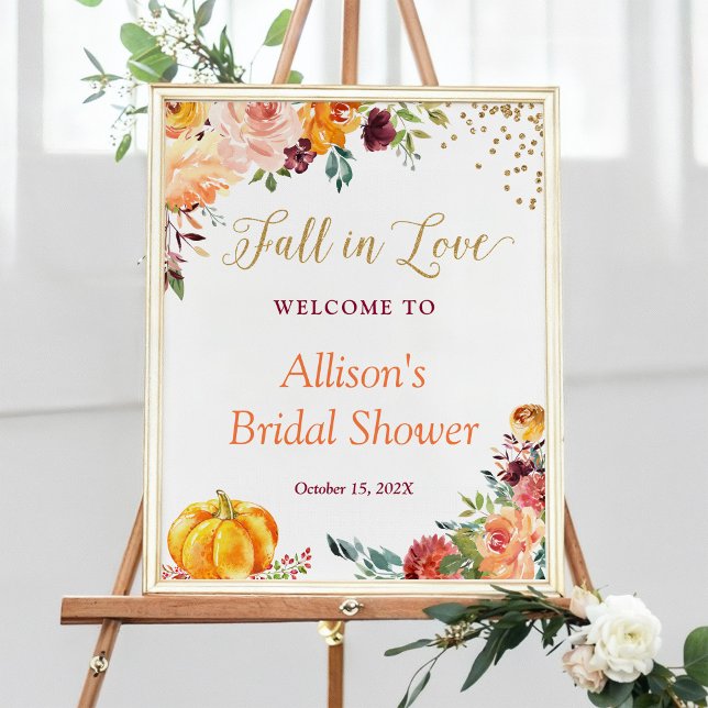 Poster Signe de mariage automnal floral Tombez amoureux (Créateur téléchargé)