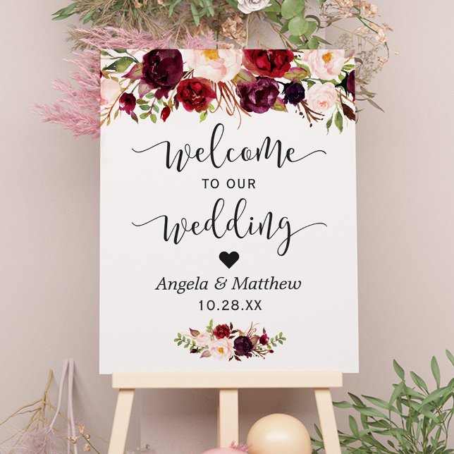 Poster SIGNE DE Mariage DE Bienvenue Rustique Bourgogne R (Créateur téléchargé)