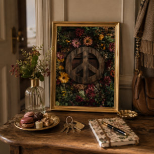 Poster Signe de paix en bois rustique avec fleurs sauvage