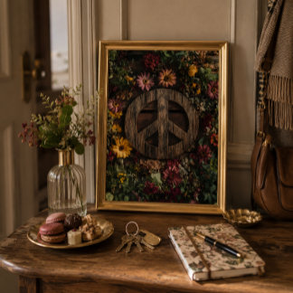 Poster Signe de paix en bois rustique avec fleurs sauvage