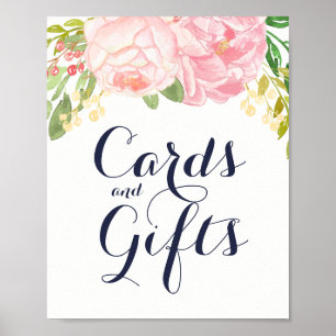 Poster Signe de pivoines roses sur cartes bleues et cadea
