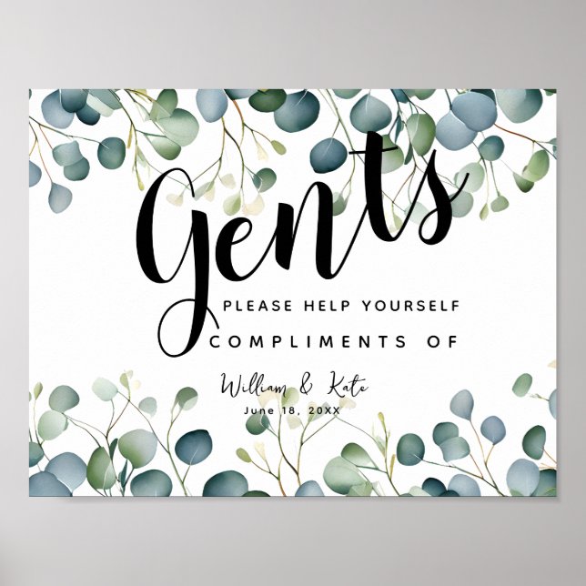 Poster Signe de toilettes pour gents eucalyptus verdure (Devant)