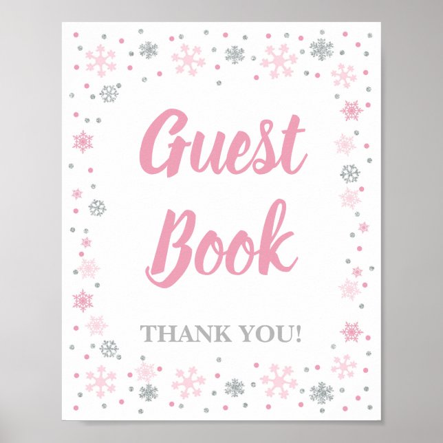 Poster Signe du livre d'hiver Pink & Silver Snowflakes (Devant)