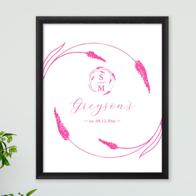 Poster Signe et garde Mariage rose vibreux unique (Pink wedding theme ideas features unique floral line art by Victoria Grigaliunas of Do Tell A Belle)