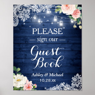 Poster Signe floral Rustique Bleu éclaire
