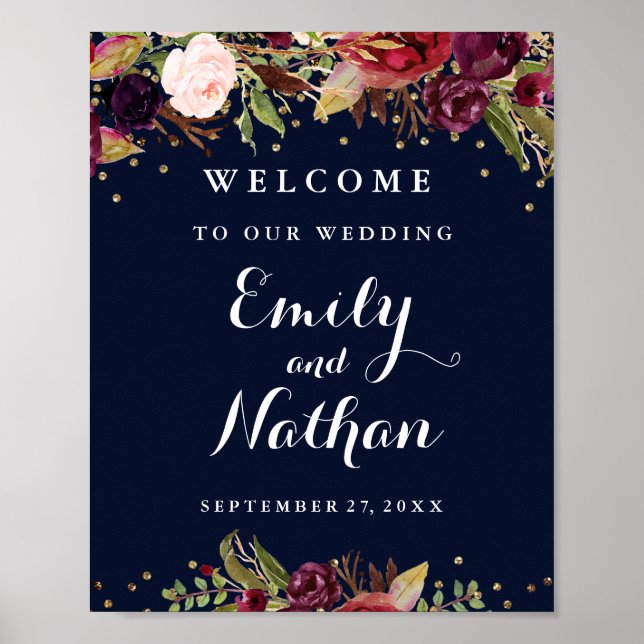 Poster SIGNE Mariage D'ACCUEIL BURUNdy Gold Navy Floral (Devant)