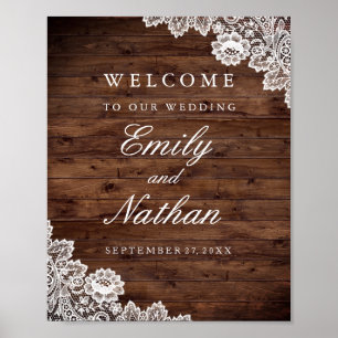 Poster SIGNE Mariage DE BIENVENUE Dentelle Vintage en boi
