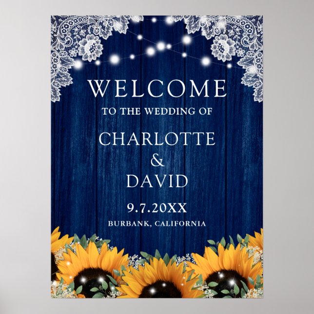 Poster SIGNE Mariage de dentelle en bois rustique Marine  (Devant)