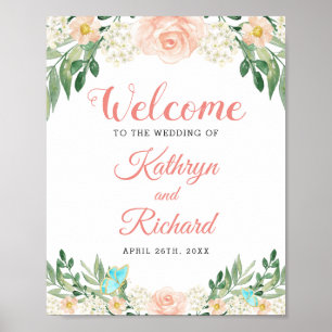Poster Signe Mariage floral de la pêche à l'aquarelle de 