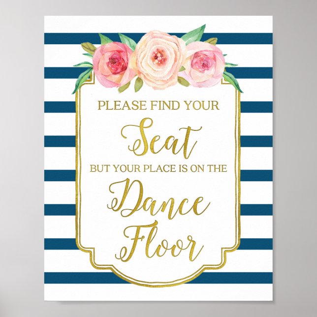 Poster SIGNE Mariage Floral Rose or Marine (Devant)