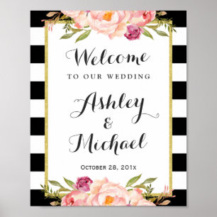 Poster SIGNE MARIAGE   Moderne Floral noir blanc rayures