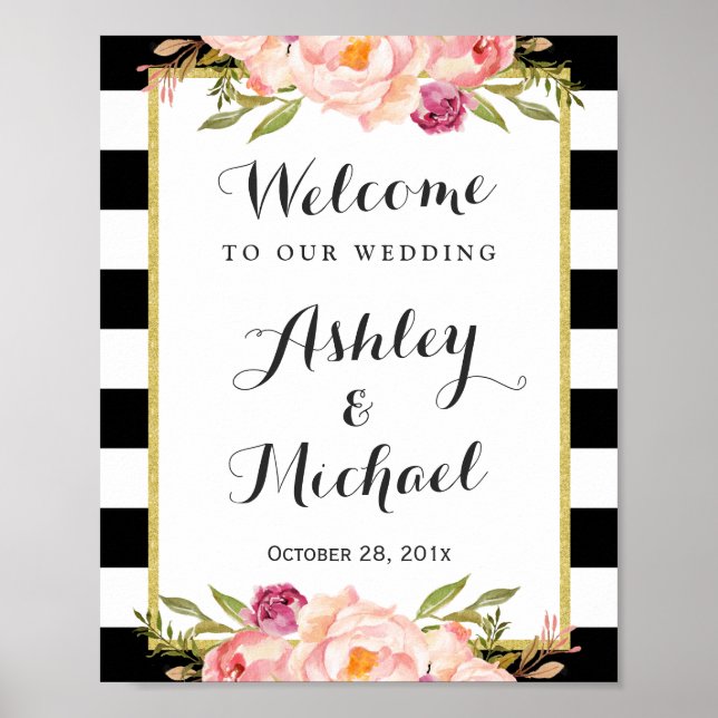 Poster SIGNE MARIAGE | Moderne Floral noir blanc rayures (Devant)