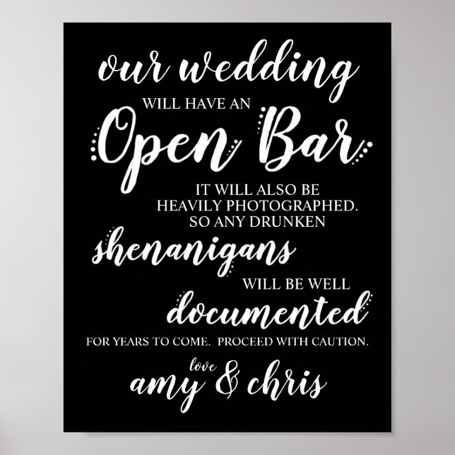 Poster SIGNE mariage Open Bar Funny Drunken Shenanigans (Devant)
