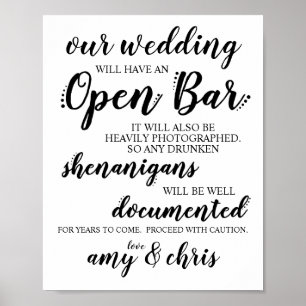 Poster SIGNE mariage Open Bar Funny Drunken Shenanigans