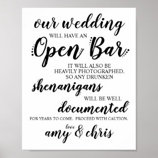 Poster SIGNE mariage Open Bar Funny Drunken Shenanigans