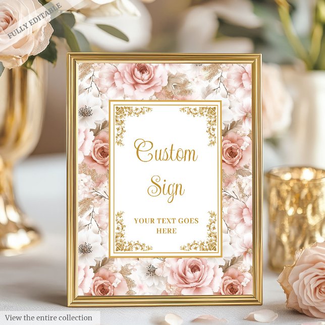 Poster Signe Mariage or rose rose foncé chic (Elegant dusty pink flowers gold custom sign)
