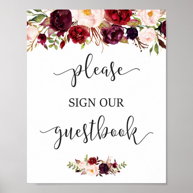 Poster SIGNE Mariage Rustique Burgundy Rouge Floral (Devant)