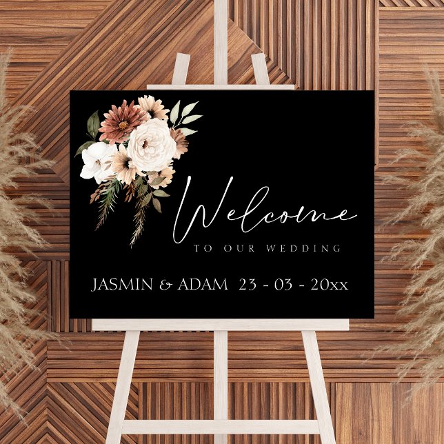 Poster SIGNE Mariage Rustique Noir et Pêche Floral (Rustic Black and Peach Floral Wedding Sign)