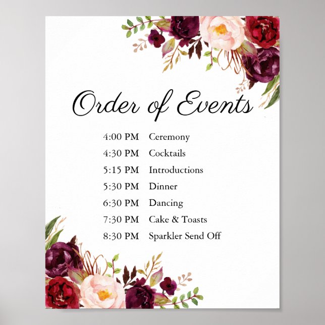 Poster Signe Marsala rose Mariage Floral Ordre des événem (Devant)