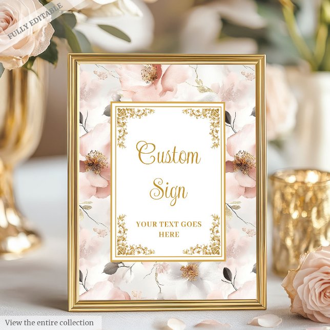 Poster Signe moderne boho rose roux or 8x10 (Modern boho dusty pink flowers gold 8x10 sign)