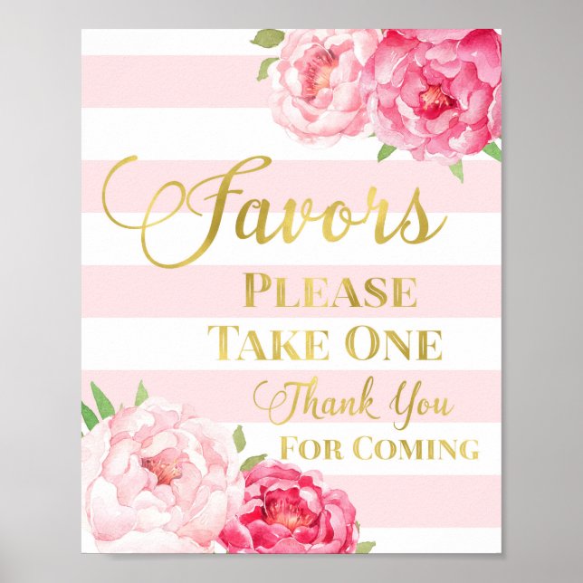 Poster Signe or rose rayures Aquarelle Fleurs Faveurs Sig (Devant)
