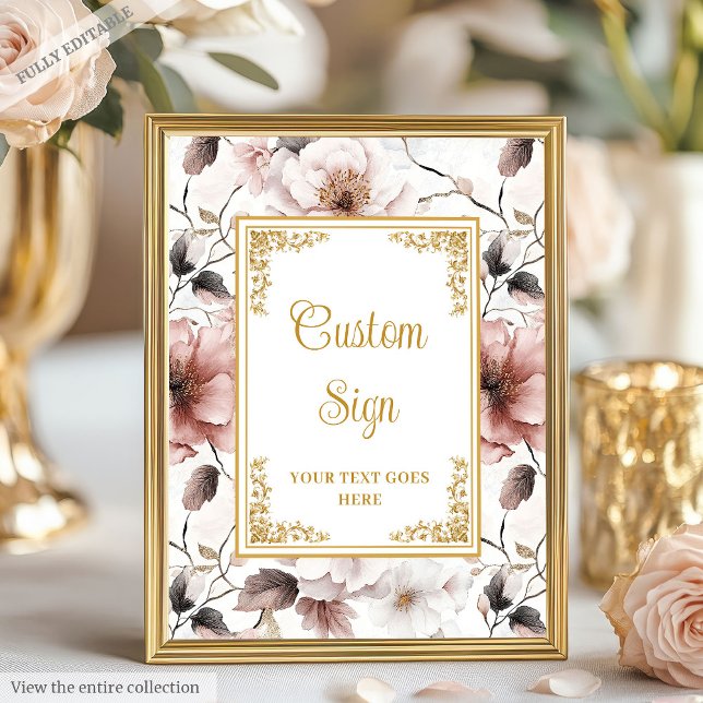 Poster Signe romantique boho rose roux or 8x10 (Romantic dusty pink flowers tabletop sign)