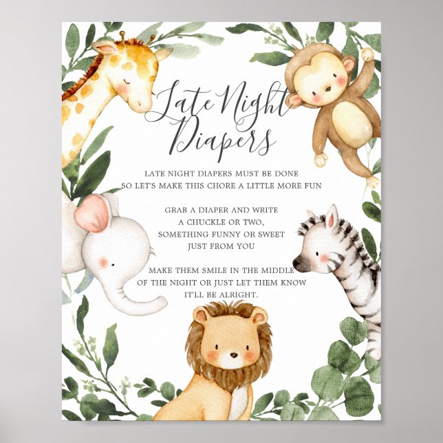 Poster Signe Safari Animaux Baby shower Diapeurs de nuit  (Devant)