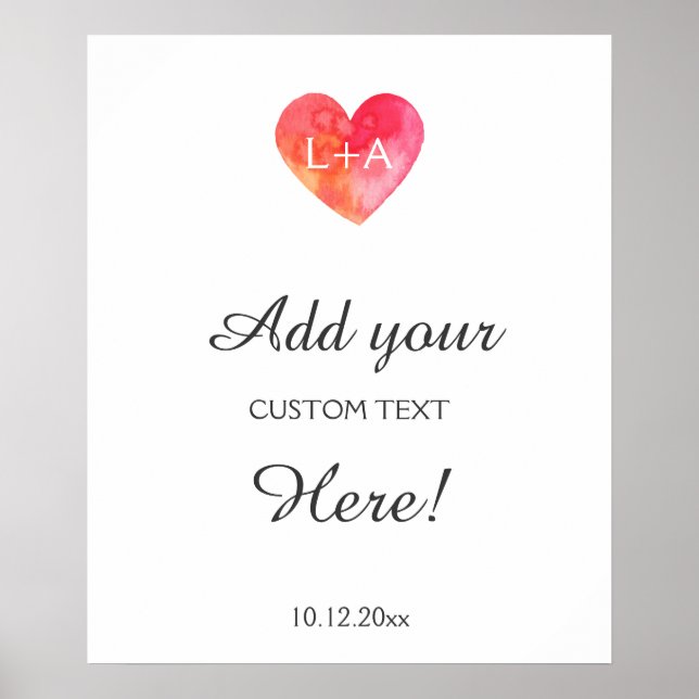 Poster Signer mariage texte personnalisé, coeur aquarelle (Devant)