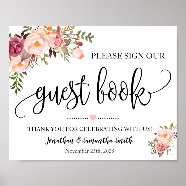 Poster Signer notre livre d'hôtes wedding shower rose flo (Devant)