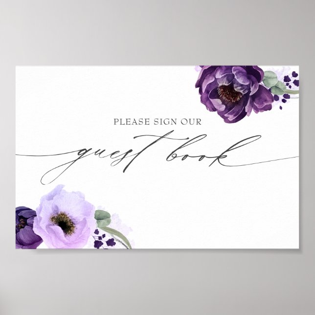 Poster Signer Notre Livre D'Invité Mariage Floral Violet  (Devant)