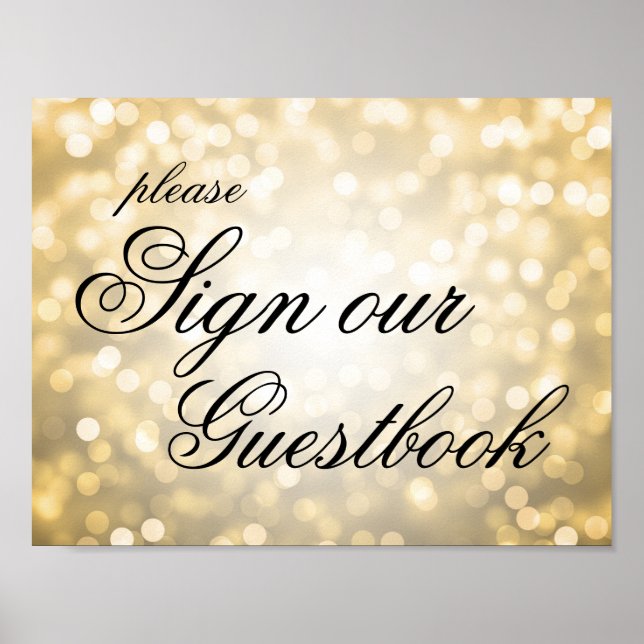 Poster Signer Notre Mariage Guestbook Gold Bokeh Lumières (Devant)