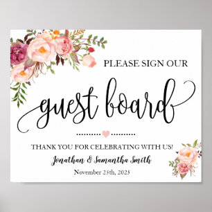 Poster Signer notre wedding shower de pension rose floral