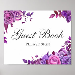 Poster Signez le livre d'or. Fleurs de mariage roses et v