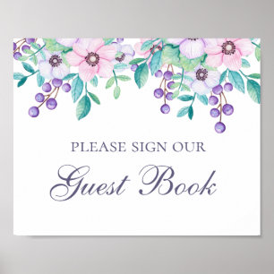 Poster Signez notre livre d'or. Fleurs violettes et roses