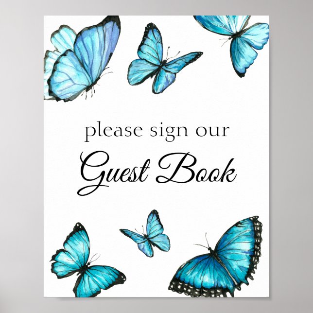Poster Signez notre livre d'or. Papillons bleu aquarelle. (Devant)