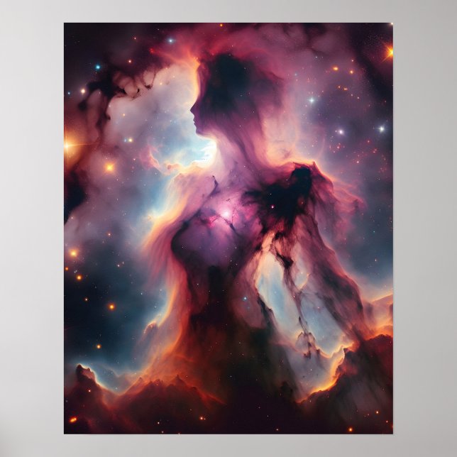 Poster Silhouette cosmique, nébuleuse en forme de dame et (Devant)