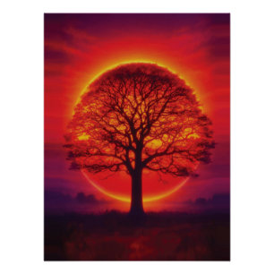 Poster Silhouette d'arbre majestueuse au feu du ciel au c