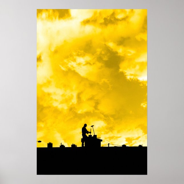 Poster silhouette de balayage de cheminée sur le toit (Devant)