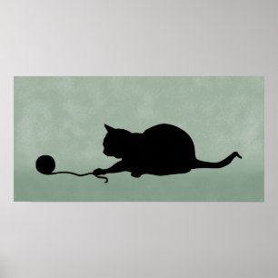 Poster Silhouette de chat en jeu Noir sur Vert Muté