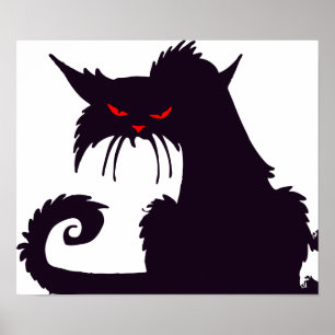 Poster Silhouette de chat noir malin avec yeux rouges