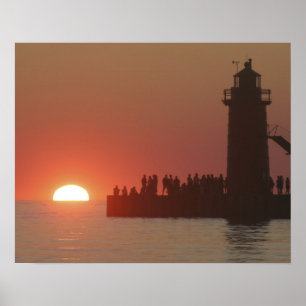 Poster Silhouette de coucher de soleil du phare du peuple