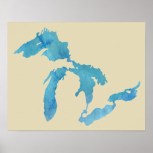 Poster Silhouette de la carte des Grands Lacs en aquarell