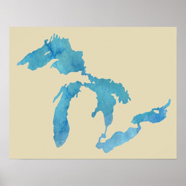 Poster Silhouette de la carte des Grands Lacs en aquarell (Devant)
