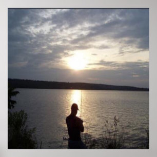 Poster Silhouette de la pêche de l'homme au coucher du