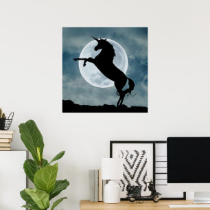 Poster Silhouette de licorne ciel nocturne pleine lune