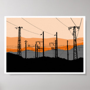 Poster Silhouette de lignes électriques au coucher du sol