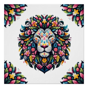 Poster Silhouette de Lion Floral