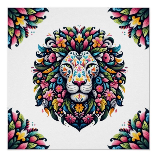Poster Silhouette de Lion Floral (Devant)